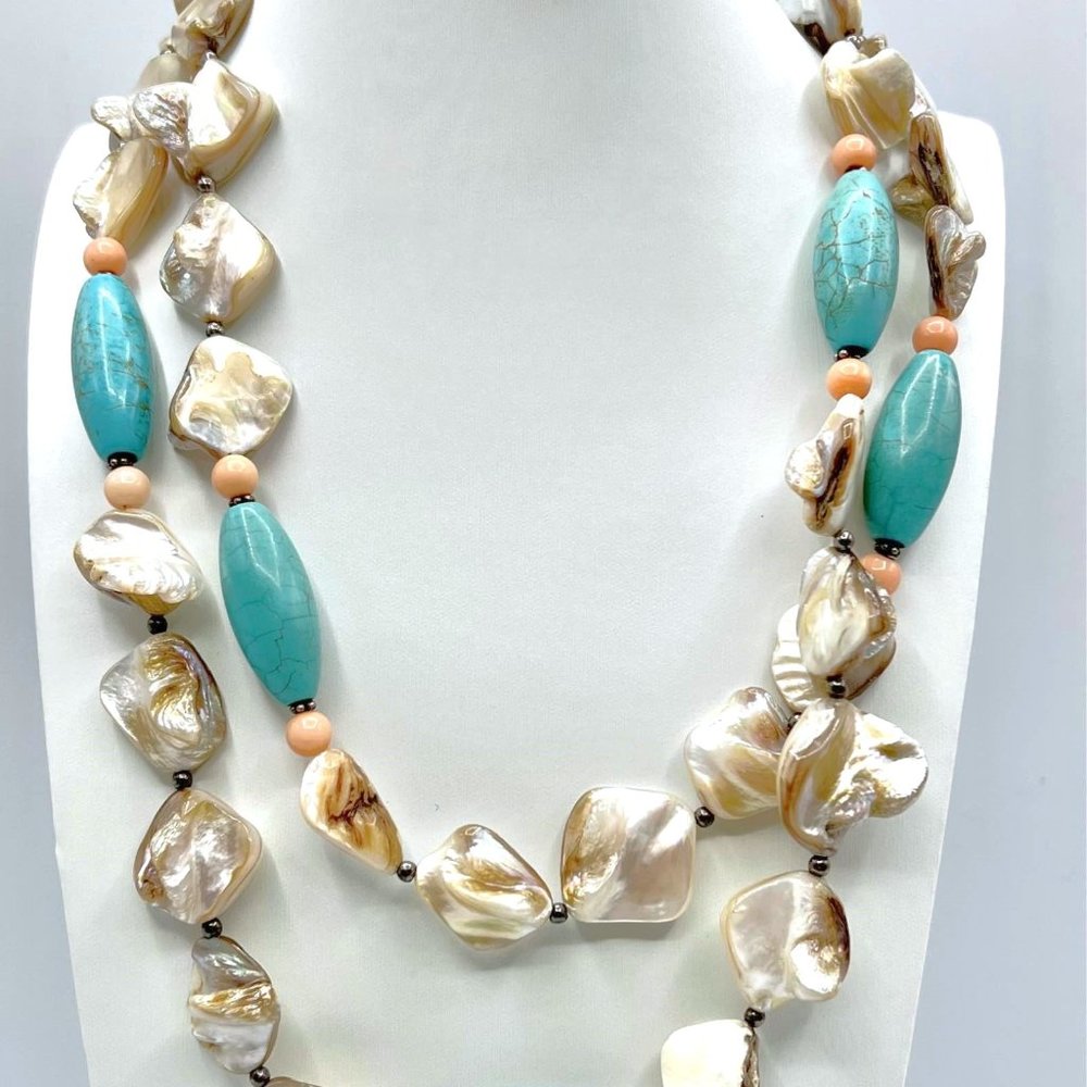 Sterling Silver Donna Dressler Abalone Shell, Turquoise Howlite & Coral Necklace
